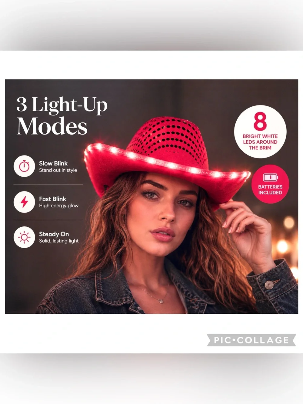 NEW Red Light Up Cowboy Hat LED Sequin Western Party Hat Unisex